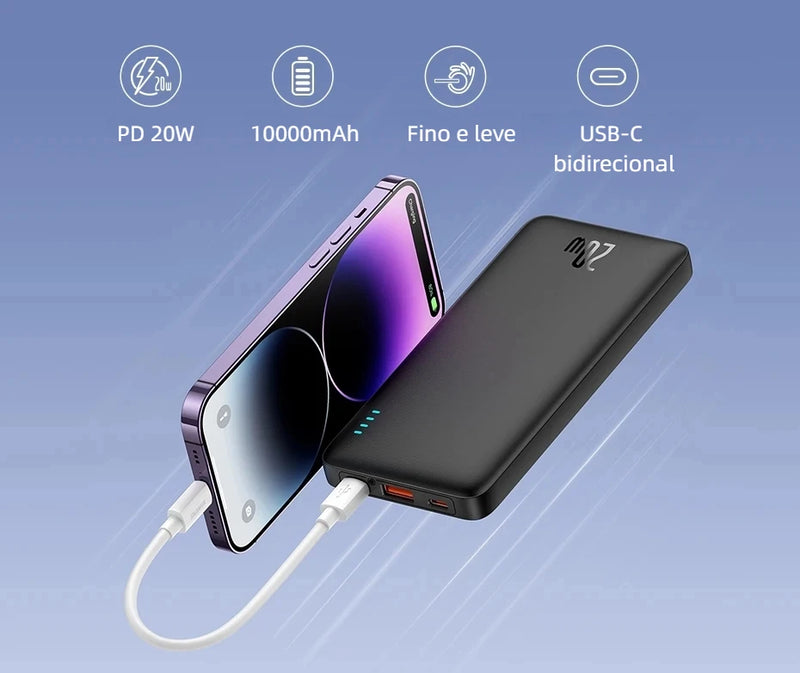 Power Bank Baseus AirPow 10.000 mAh – Turbo 20W, Carregamento Rápido Bidirecional e Cabo USB-C Integrado